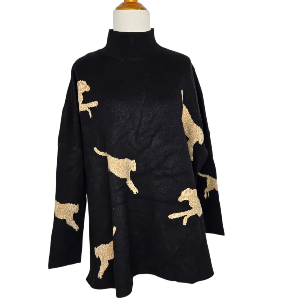 Entro Oversized Cheetah Sweater Black Mock Neck Novelty Animals Women Small